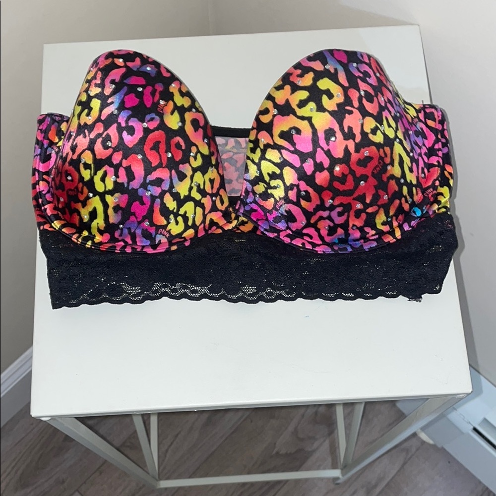 Victoria's Secret Multicolor Leopard Print Black Lace Trim Bra Intimates